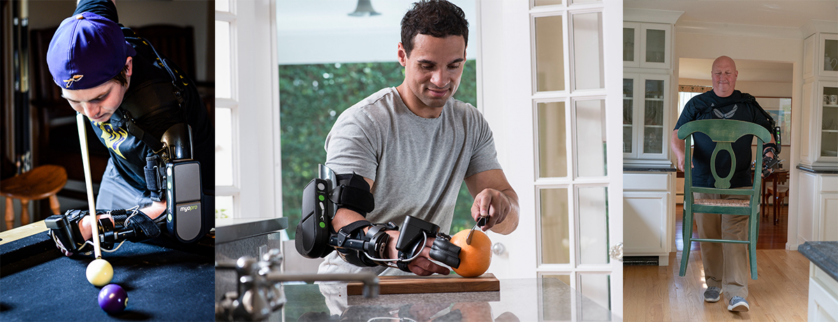 MyoPro Collage - Man playing pool, cutting an orange, and carrying a chair using brace