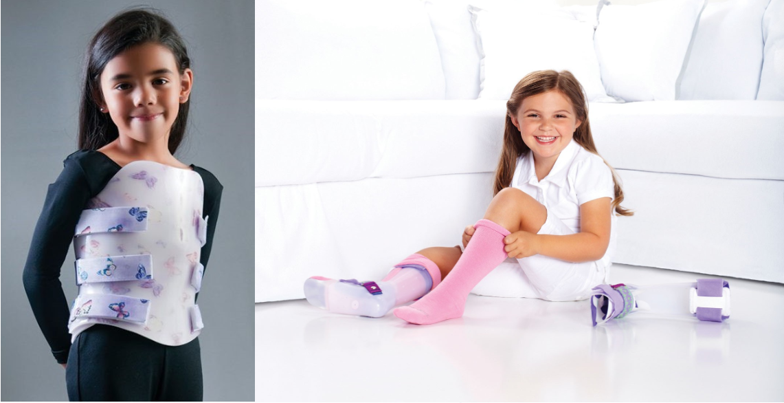 Collage of a dark haired girl wearing a spinal brace and a light haired girl wearing braces